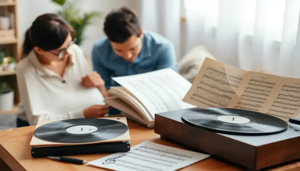 Family enjoying classical music with music sheets and a record player.