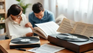 Family enjoying classical music with music sheets and a record player.