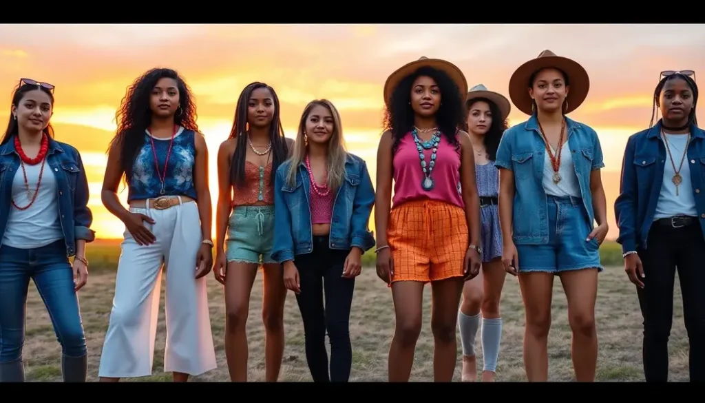 Group of teens with bold accessories at sunset.
