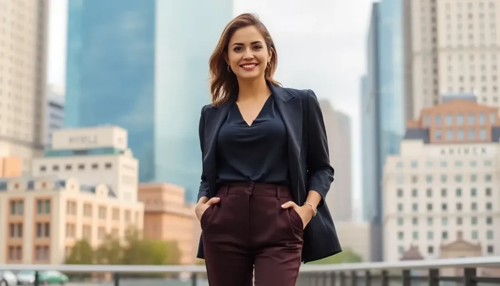 A confident petite woman in high-waisted pants and a fitted top standing in a cityscape.