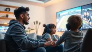 A parent and child team analyzing an esports match on a large screen in a cozy home setting.