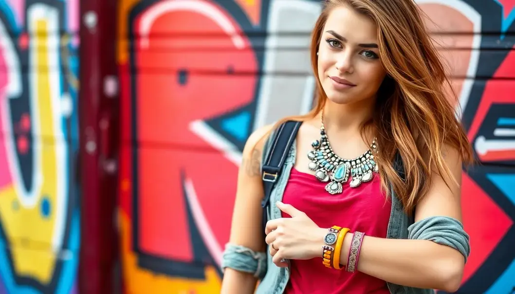 Teen highlighting bold statement necklace and bracelets.