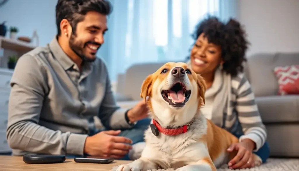 Pet owner with a dog wearing a smart collar among smart home gadgets.
