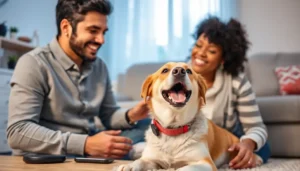 Pet owner with a dog wearing a smart collar among smart home gadgets.