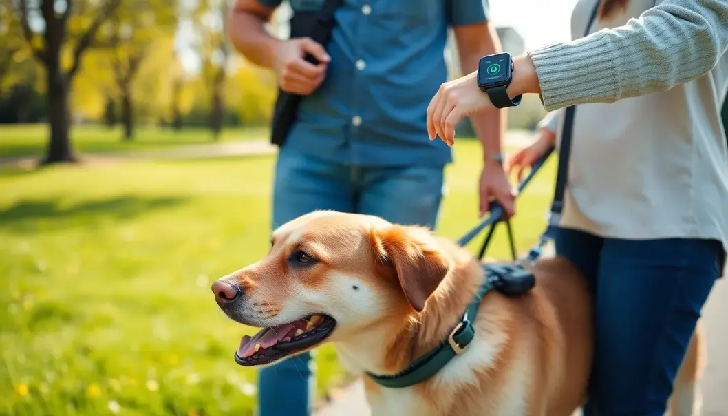Pet owner and dog enjoying a walk enhanced by wearable technology.